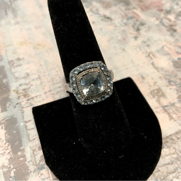 Stunning 10K Cushion-Cut Swiss Blue Topaz & Diamond Ring - Double Halo - Sz 6.75 - Picture 2 of 16